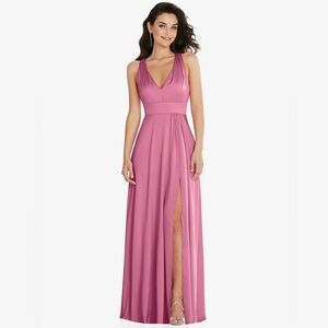 Dessy Collection 6863 SHIRRED SHOULDER CRISS CROSS BACK MAXI DRESS FRONT SLIT